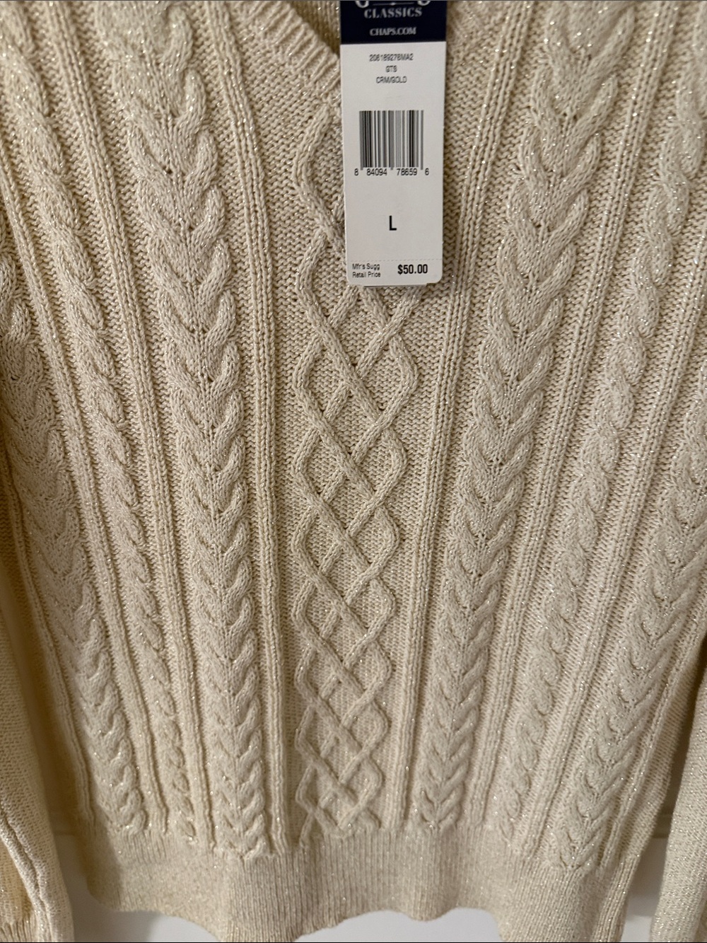 NWT Chaps Classics Metallic Shimmer
Cable Knit V-Neck Sweater Cream Large - Picture 4 of 6